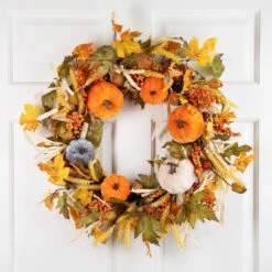 Velvet Pumpkins And Wheat Artificial Fall Harvest Wreath - 24-Inch, Unlit