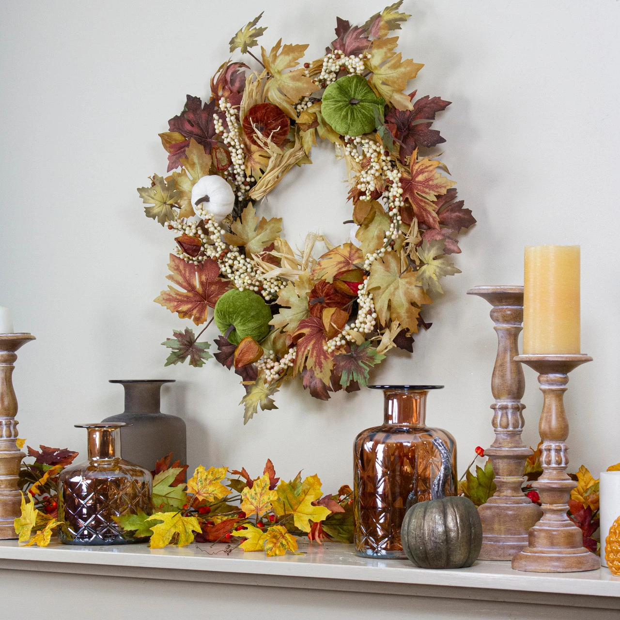 Green Pumpkins And Straw Artificial Fall Harvest Wreath - 24 Inch, Unlit - Image 2