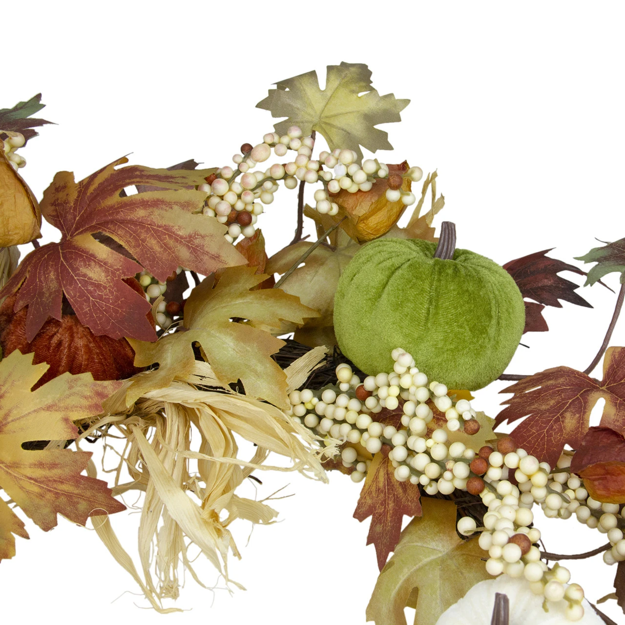 Green Pumpkins And Straw Artificial Fall Harvest Wreath - 24 Inch, Unlit - Image 3