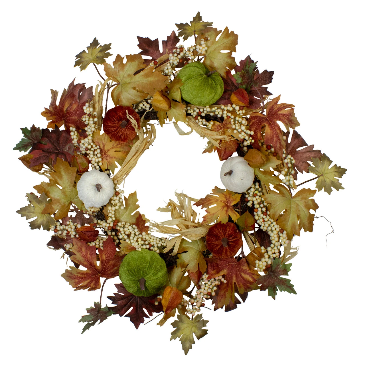 Green Pumpkins And Straw Artificial Fall Harvest Wreath - 24 Inch, Unlit