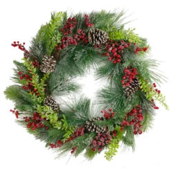 Iced Red Berries And Mixed Pine Artificial Christmas Wreath - 32 Inch, Unllit