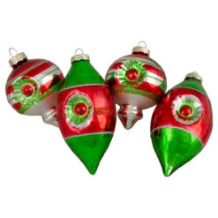 4ct Red, Green And Silver Vintage Glass Christmas Ornaments 3.25-Inch (80mm)