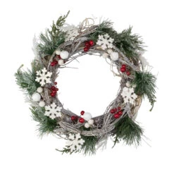 Snowflakes And Berries Winter Foliage Christmas Wreath, 24-Inch, Unlit