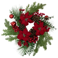 Artificial Red Berry And Poinsettia Christmas Wreath, 22-Inch, Unlit
