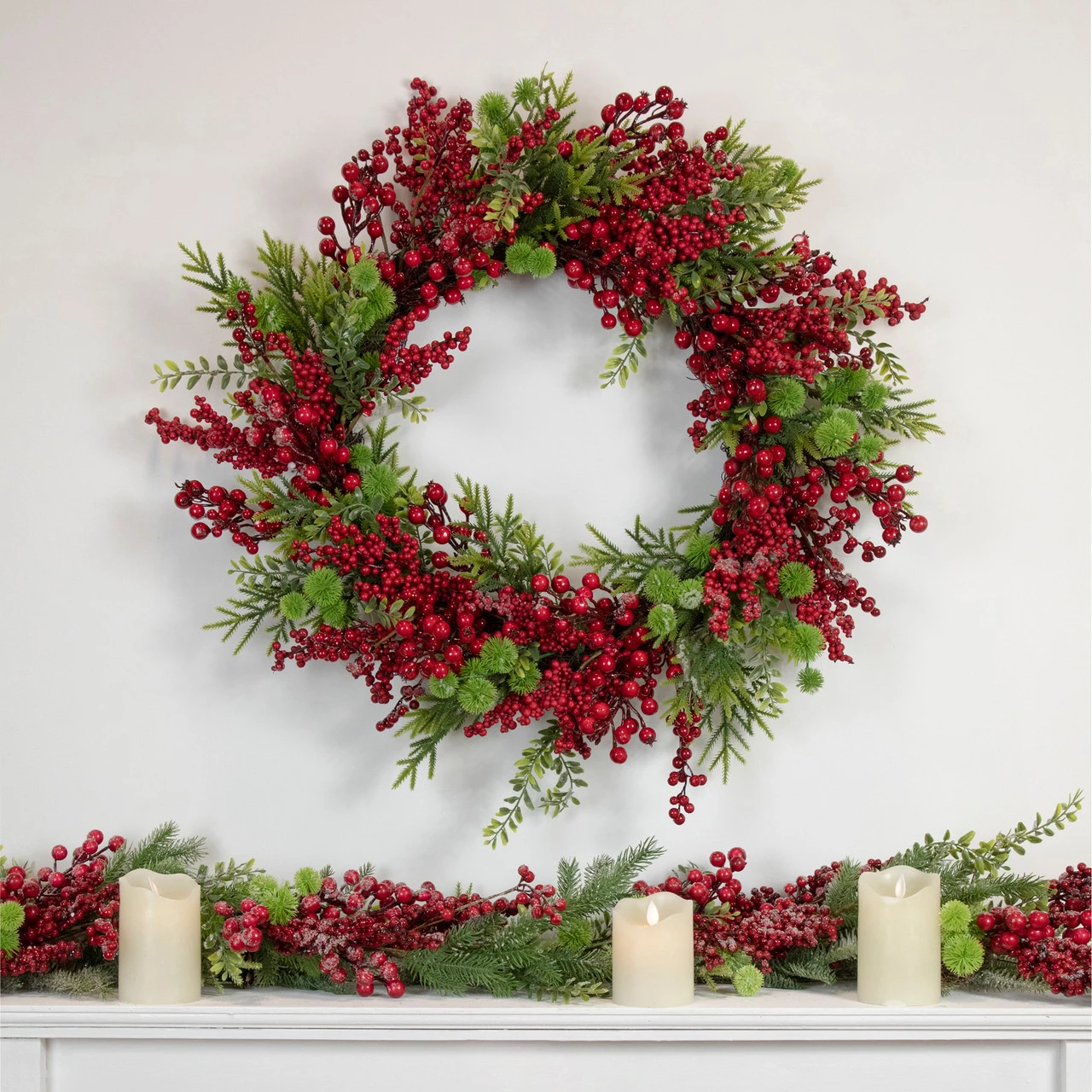Artificial Frosted Red Berry And Pine Christmas Wreath, 28-Inch, Unlit - Image 2