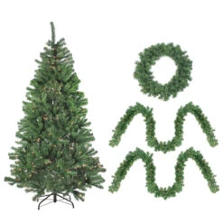 4-Piece Artificial Winter Spruce Christmas Tree, Wreath And Garland Set 6.5' - Clear Lights