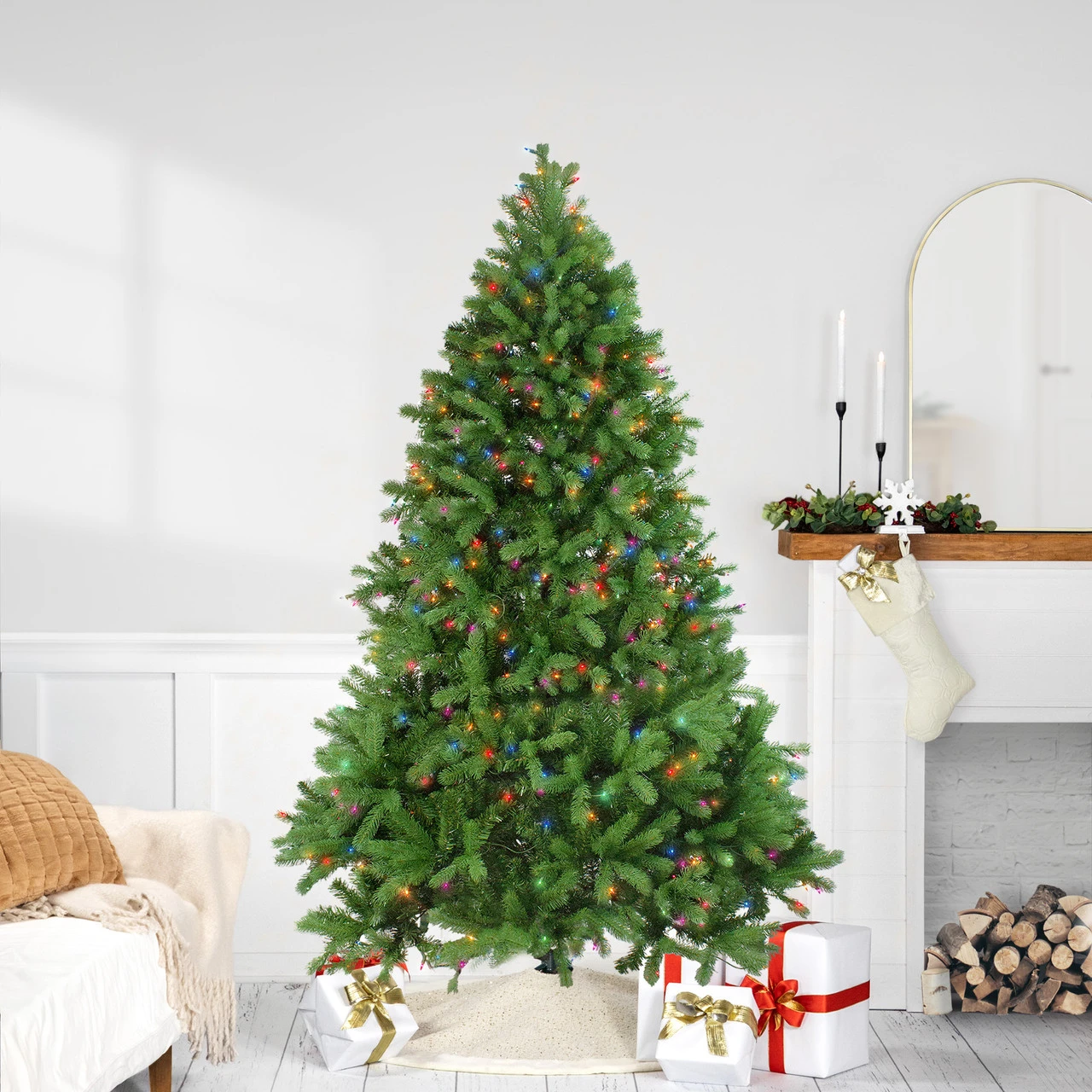 6.5' Pre-Lit Noble Fir Full Artificial Christmas Tree, Multicolor Lights