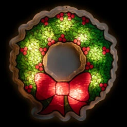 11" Green And Red Lighted Wreath Christmas Window Silhouette Decoration