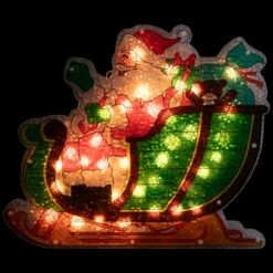 17" Pre-Lit Green And Red Holographic Santa In Sleigh Christmas Window Silhouette Decoration
