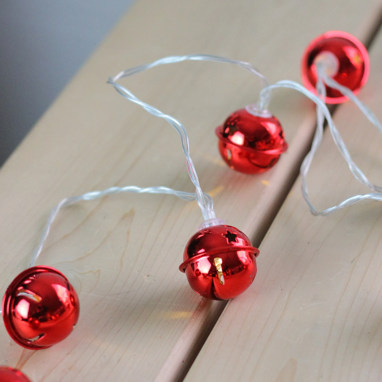 8 Battery Operated Red LED Jingle Bell Christmas Lights - Clear Wire - Image 2