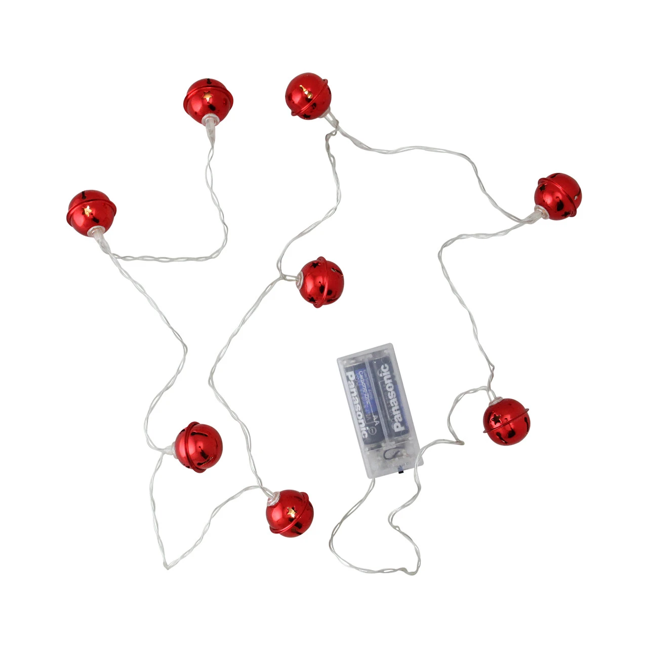 8 Battery Operated Red LED Jingle Bell Christmas Lights - Clear Wire