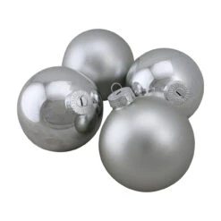 4ct Shiny And Matte Silver Christmas Glass Ball Ornaments 4" (100mm)