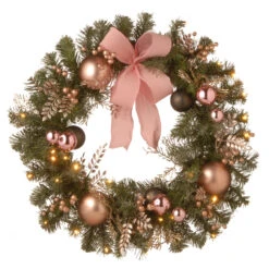 Pre-Lit Decorated Pine Artificial Christmas Wreath/BO - 24-Inch, Warm White LED Lights