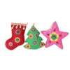 Set Of 3 Vibrantly Colored Bohemian Plush Star, Tree, And Stocking Christmas Ornaments 5"