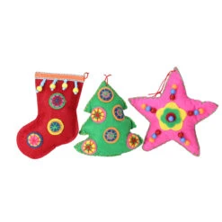 Set Of 3 Vibrantly Colored Bohemian Plush Star, Tree, And Stocking Christmas Ornaments 5"