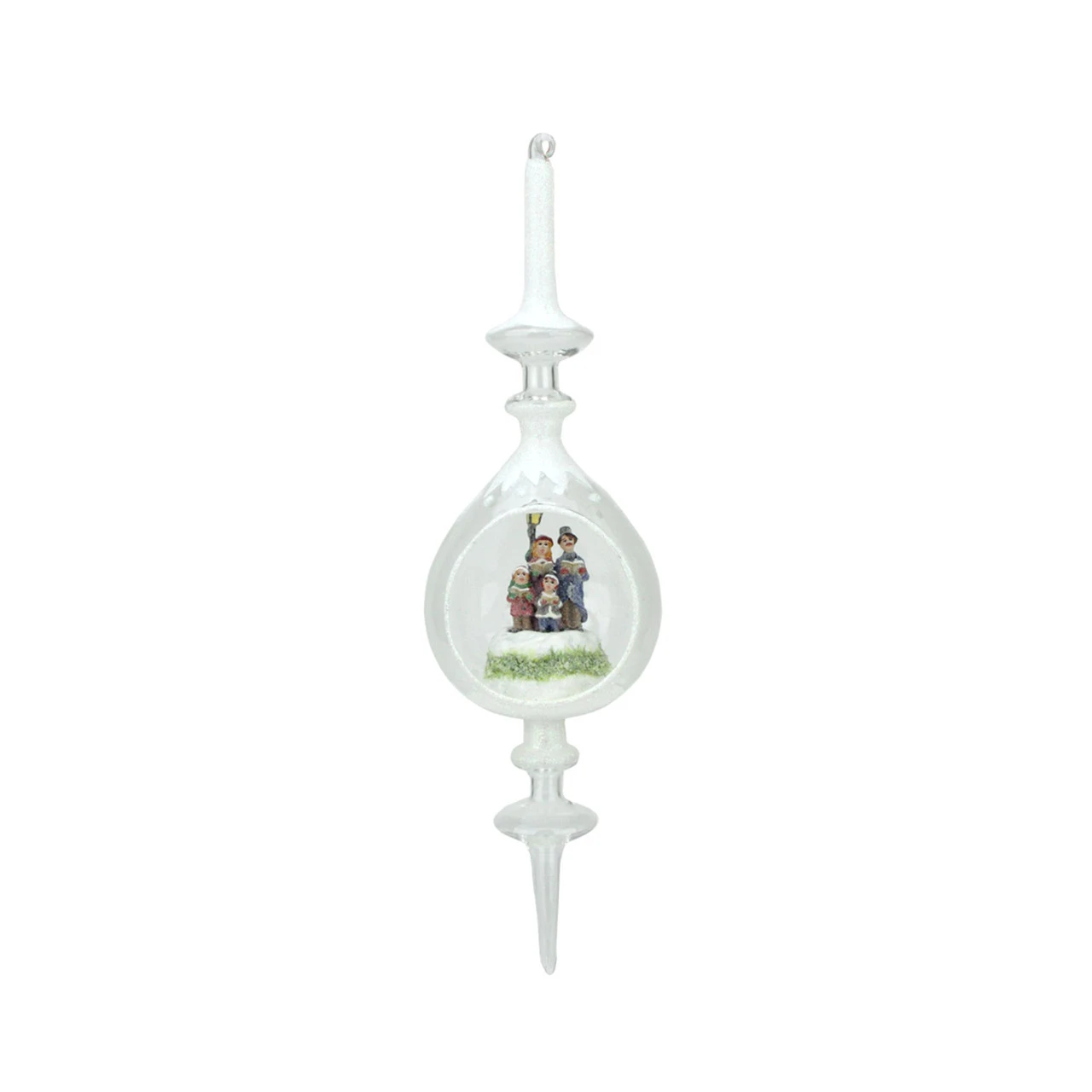 12.5" White Caroling Family Inside Of Glass Pendant Christmas Finial Ornament