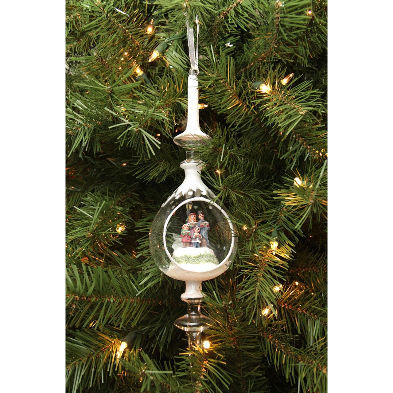 12.5" White Caroling Family Inside Of Glass Pendant Christmas Finial Ornament - Image 2