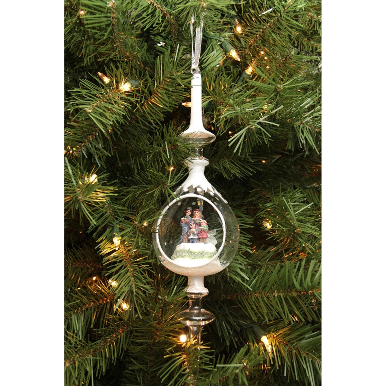 12.5" White Caroling Family Inside Of Glass Pendant Christmas Finial Ornament - Image 3