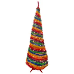 6' Pre-Lit Rainbow Tinsel Pop-Up Artificial Christmas Tree, Clear Lights
