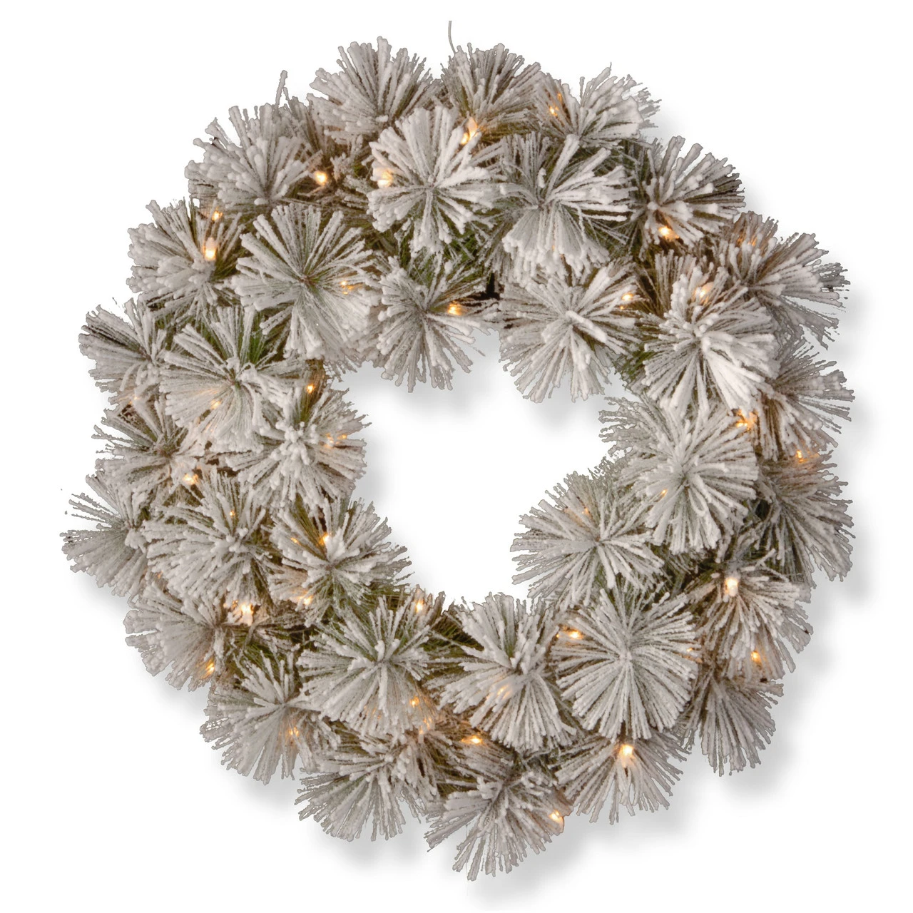 24” Pre-Lit Snowy Bristle Pine Wreath With Battery Operated Warm White LED Lights