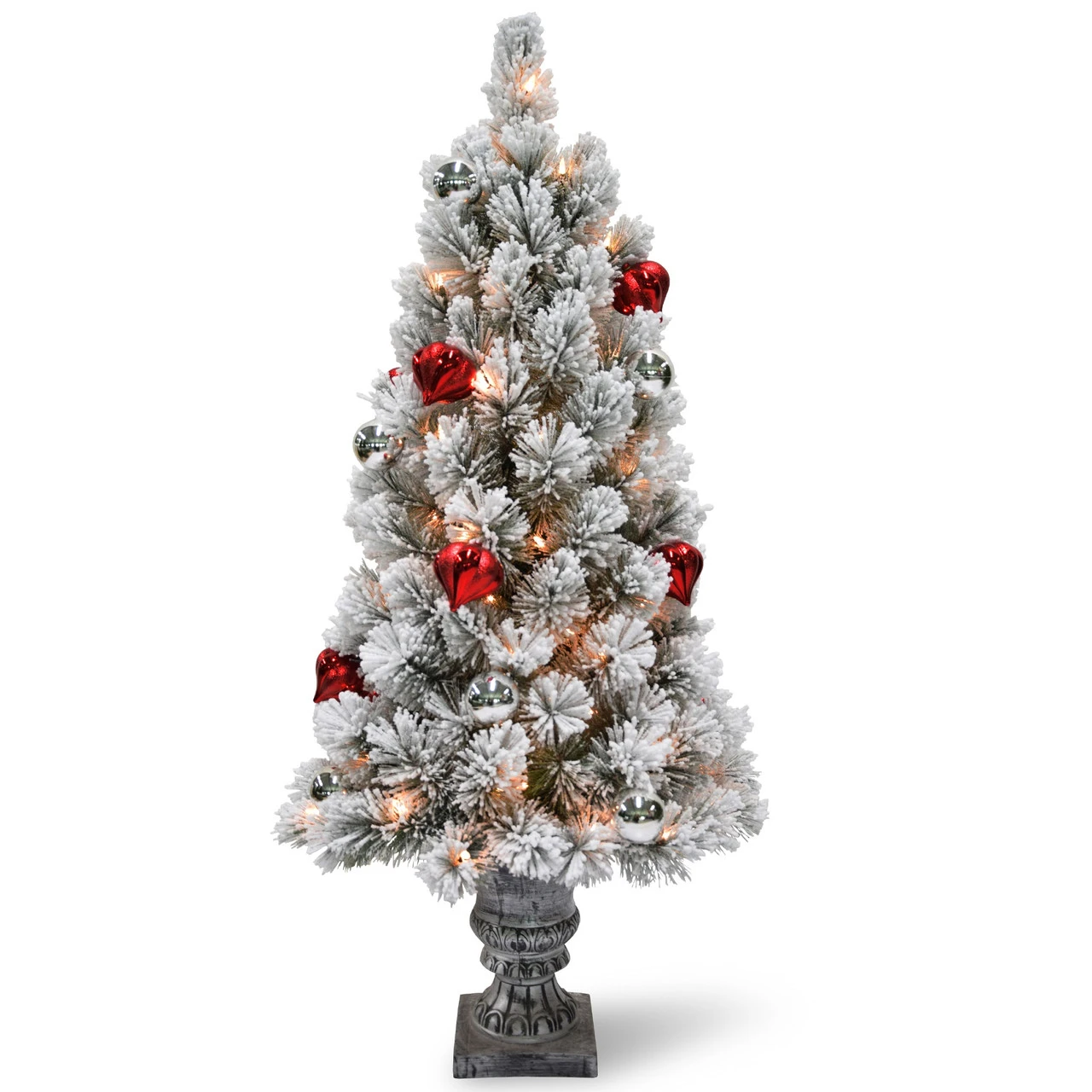 4’ Pre-Lit Snowy Bristle Pine Entrance Tree With Clear Lights In Silver Pot