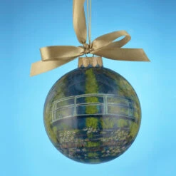 Blue And Green Shiny Water Lily Pond Hand-Painted Glass Christmas Ball Ornament 4" (100mm)