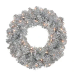 24" Pre-Lit Silver Sparkling Tinsel Artificial Christmas Wreath - Clear Lights